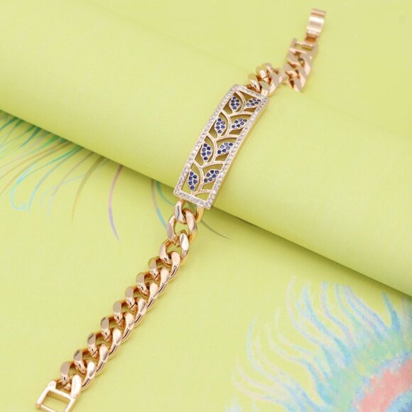 "Bold Leaf Design Rose Gold Bracelet with Blue Stones, XPBL0768 - Picture 2 of 12